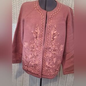 Vintage Linea by Luis Dell'Olio 100% Wool pink embroidered cardigan women's M